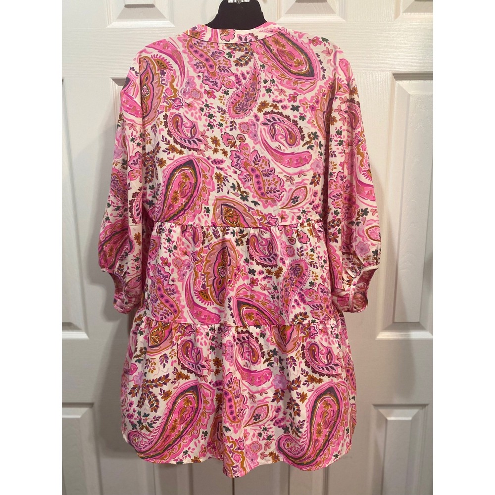 Umgee USA Pink Paisley Tiered Boho V Neck Tunic Dress - Picture 3 of 4